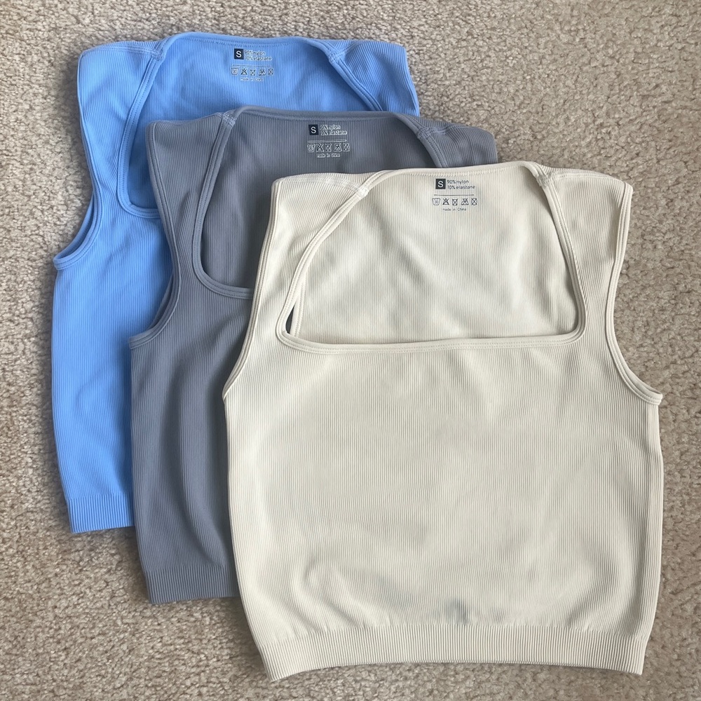 Ribbed Square Neck Crop Top Bundle in Blue Grey and Cream Women's Small